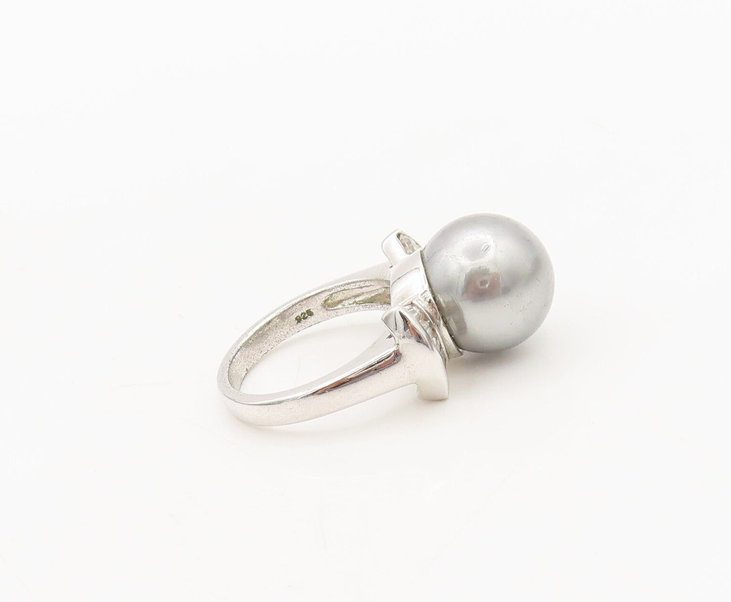 925 Sterling Silver Vintage Ring Large Pearl CZ Side Fan Effect Sz 6  RG27652
