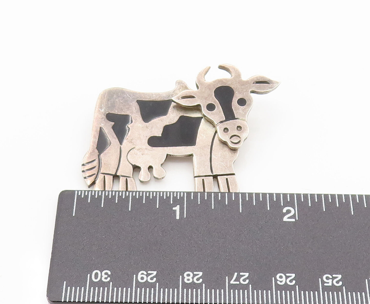 MEXICO 925 Silver  Vintage Enamel Cow With Moving Head Brooch Pin  BP10138