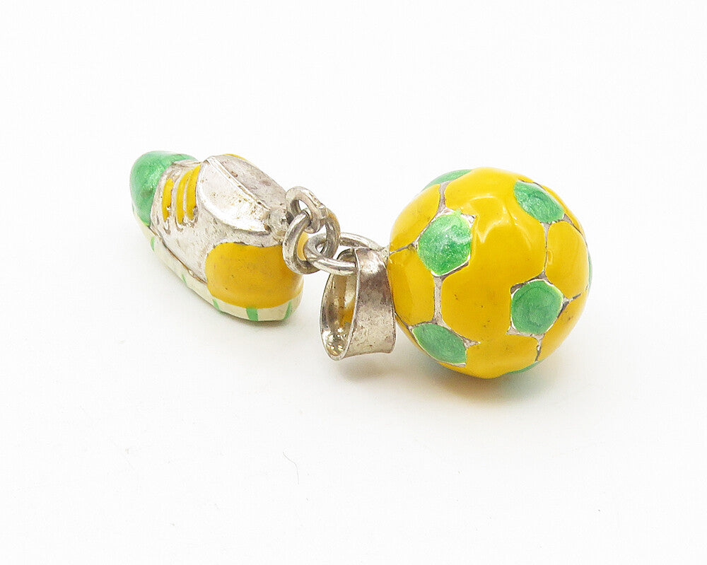 925 Sterling Silver  Vintage Enamel Soccer Ball & Cleat Sports Pendant  PT9350