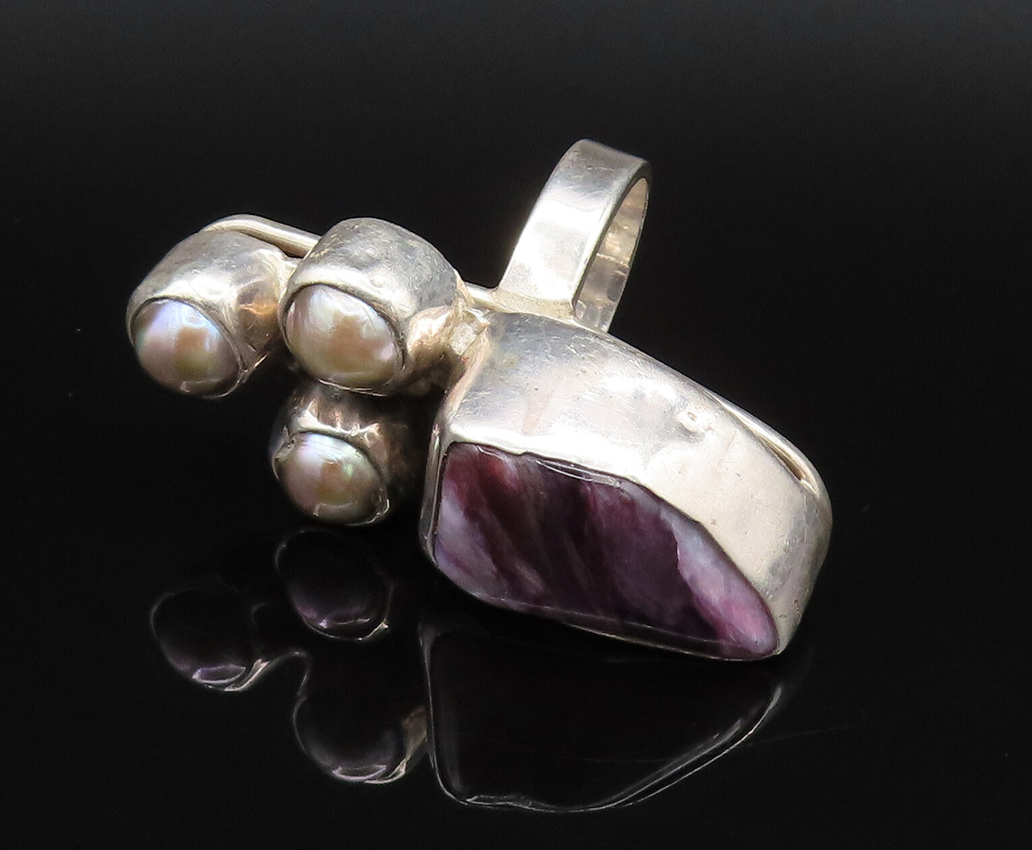 925 Silver  Vintage Mother Of Pearl & Charoite Full Finger Ring Sz 9  RG26054
