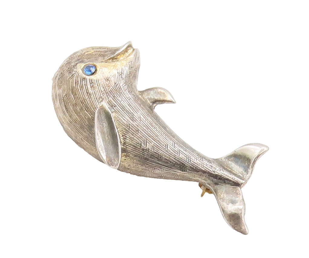 925 Sterling Silver Vintage Brooch Pin CREED Carved Blue Topaz Dolphin  BP10671