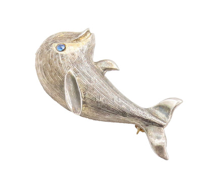 925 Sterling Silver Vintage Brooch Pin CREED Carved Blue Topaz Dolphin  BP10671