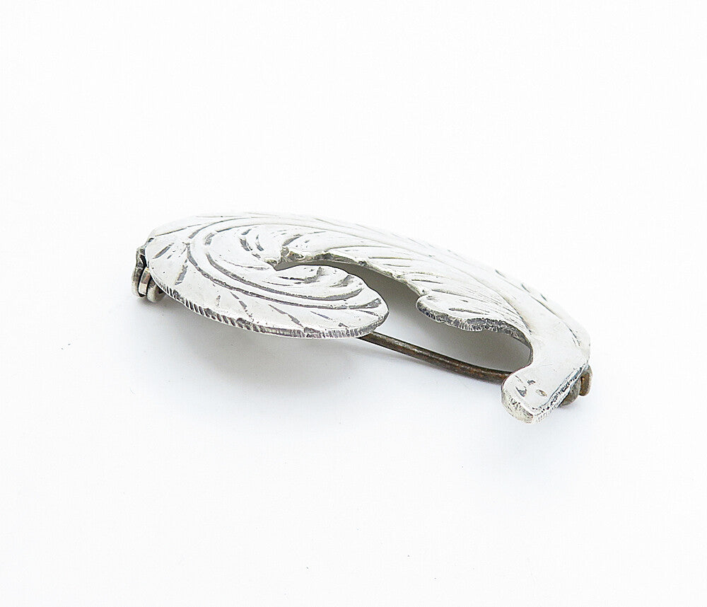 925 Sterling Silver  Vintage Shiny Etched Curved Floral Leaf Brooch Pin BP1266