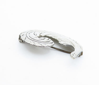 925 Sterling Silver  Vintage Shiny Etched Curved Floral Leaf Brooch Pin BP1266