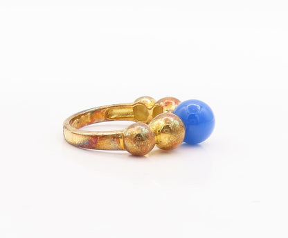 925 Sterling Silver Vintage Ring Gold Plated Bead Carved Blue Gem  Sz 7  RG29725