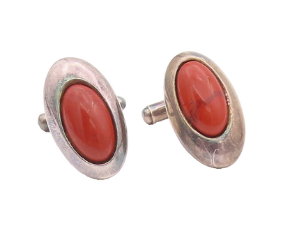 925 Sterling Silver Vintage Cuff Links Oval Cabochon Orange Carnelian  TR3711