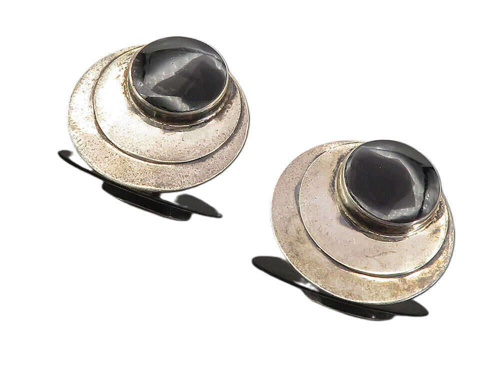 925 Sterling Silver  Vintage Inlaid Black Onyx Round Drop Earrings  EG4556
