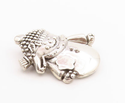 925 Sterling Silver Vintage Brooch Puffed Happy Snow Man Carved  BP11744
