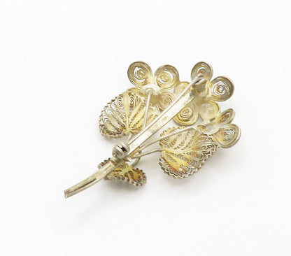925 Sterling Silver  Vintage Antique Filigree Flower Bunch Brooch Pin  BP6088