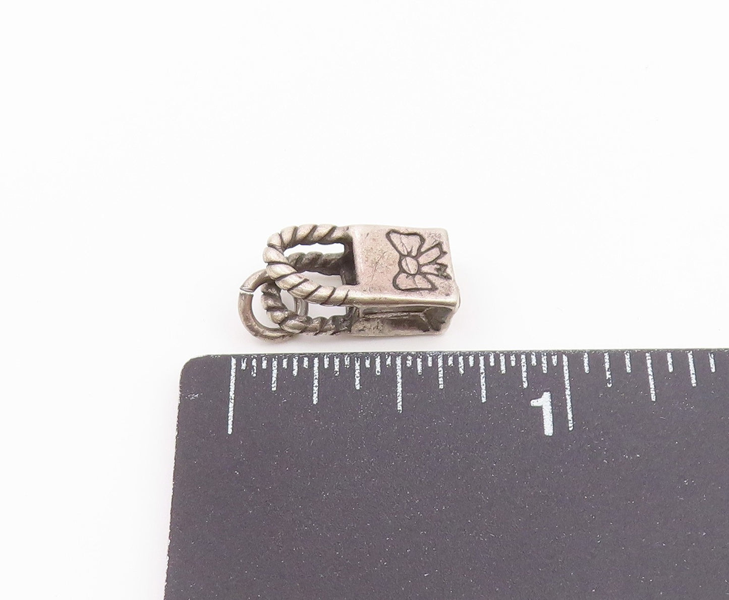 925 Silver  Vintage Engraved Love To Shop & Bow Tote Bag Charm Pendant PT21262