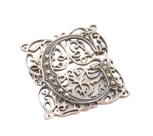 925 Sterling Silver  Vintage Square Openwork Marcasite Brooch Pin  BP10118