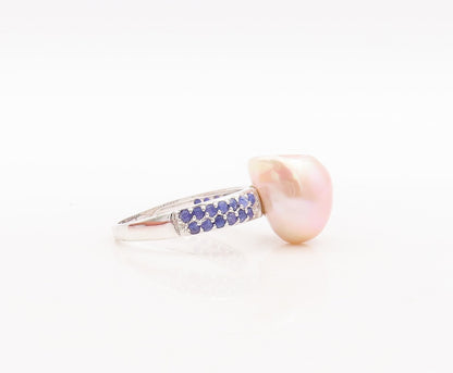 925 Sterling Silver Vintage Ring Amorphas Pearl Sapphire Inlay Band Sz 8 RG29567