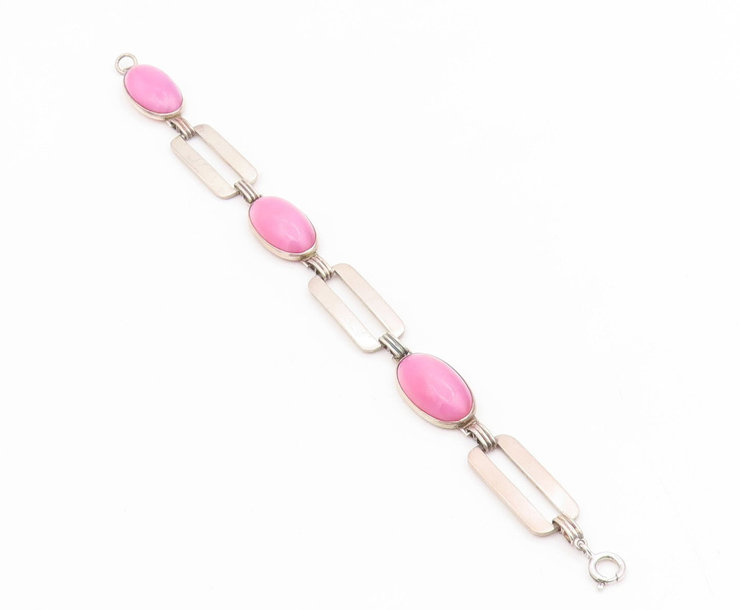 925 Sterling Silver Vintage Bracelet Oval Pink Gemstone Geometric Link  BT11687