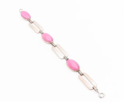 925 Sterling Silver Vintage Bracelet Oval Pink Gemstone Geometric Link  BT11687