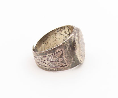 925 Sterling Silver Vintage Ring Engraved Floral Motif Band  Sz 10  RG36841