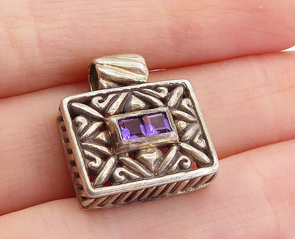 925 Sterling Silver  Vintage Amethyst Swirl Patterned Square Pendant  PT3288