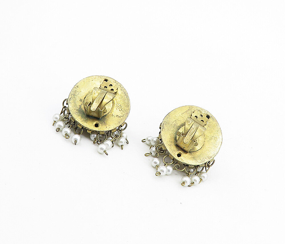 925 Sterling Silver Vintage Modernist Pearls Non Pierce Drop Earrings EG4462