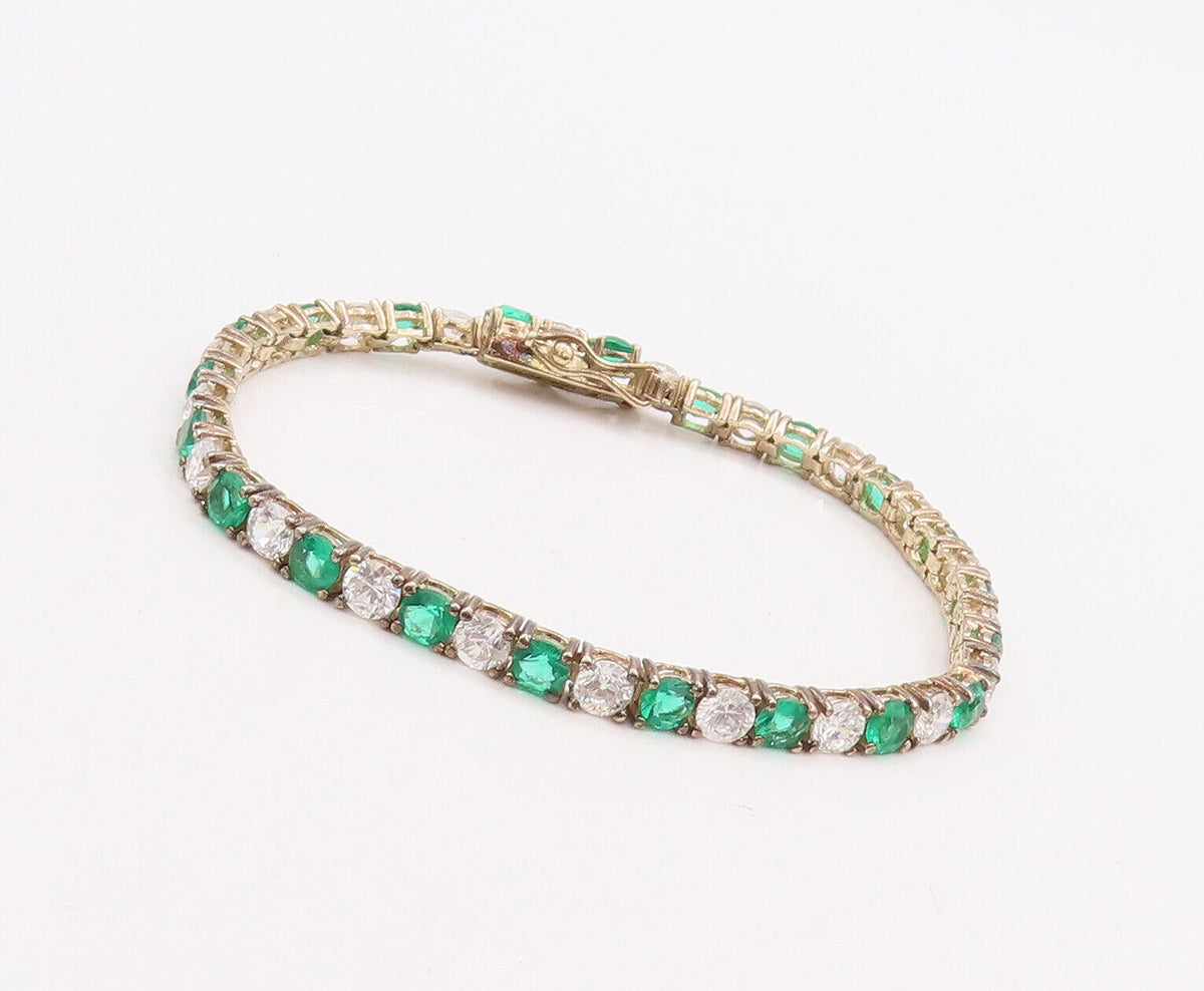925 Sterling Silver Vintage Bracelet Gold Plated Round Green White Topaz BT10621