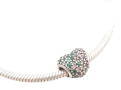 PANDORA 925 Silver  Pink & Green Topaz Heart Charm Snake Chain Necklace NE2225