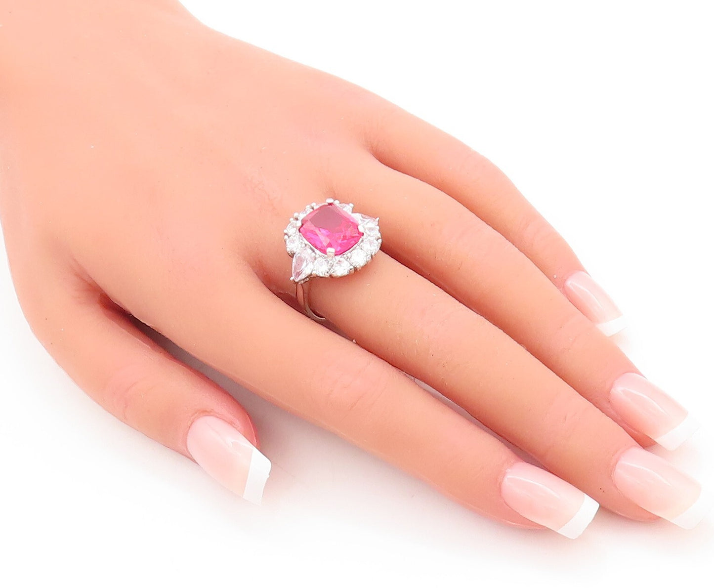 925 Sterling Silver Vintage Ring Rectangle Pink & White CZ Flower Sz 7  RG29605