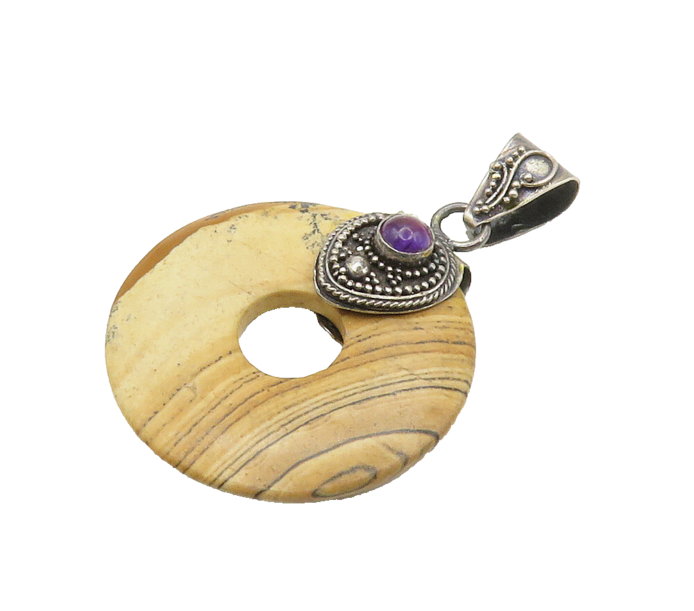 925 Sterling Silver  Vintage Jasper & Amethyst Open Circle Pendant  PT12057