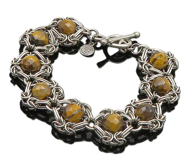 925 Sterling Silver  Vintage Faceted Tiger's Eye Beaded Chain Bracelet  BT8269