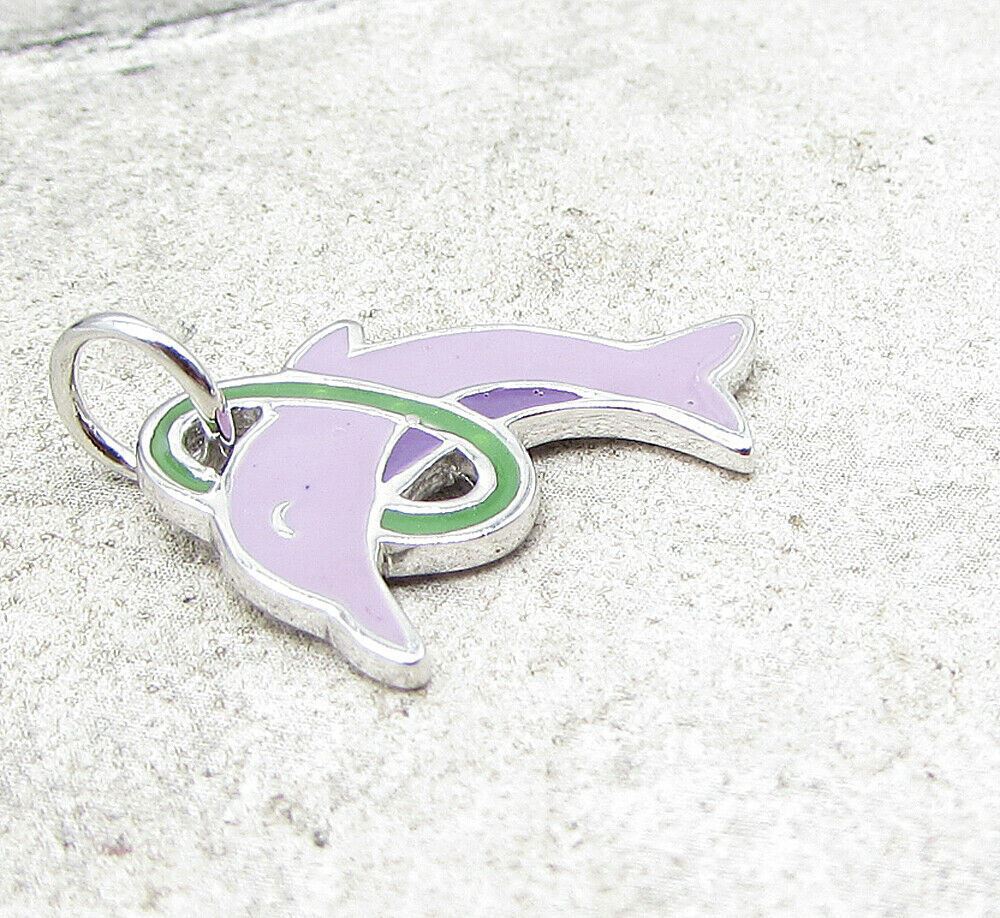 925 Sterling Silver Enamel Hoop Jumping Dolphin Charm Pendant PT1441