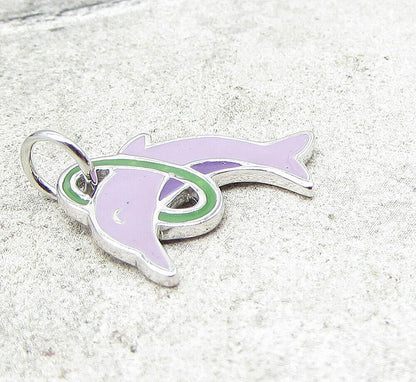 925 Sterling Silver Enamel Hoop Jumping Dolphin Charm Pendant PT1441