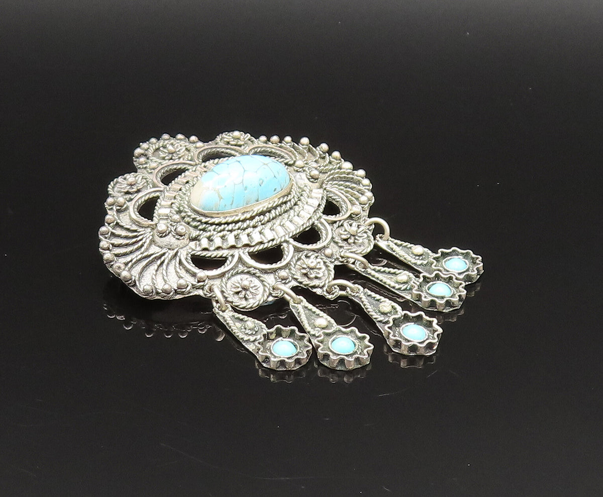 MIDDLE EAST 925 Silver  Vintage Beads & Rope Turquoise Brooch Pin  BP9609