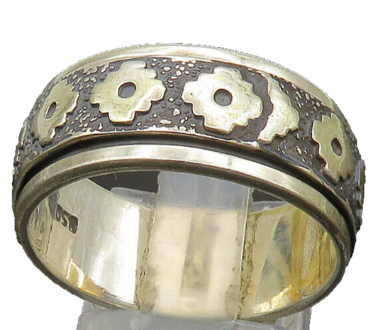 925 Sterling Silver  Vintage Two Tone Patterned Spinner Ring Sz 10  RG23259