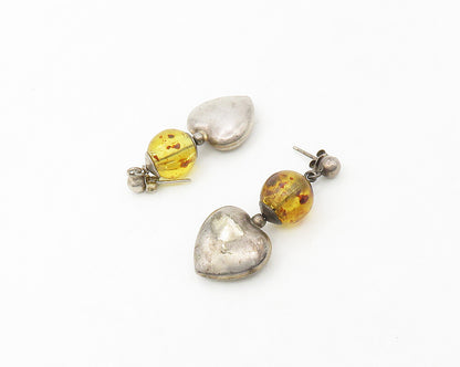 925 Sterling Silver  Vintage Amber Ball Bead Love Heart Drop Earrings  EG8885