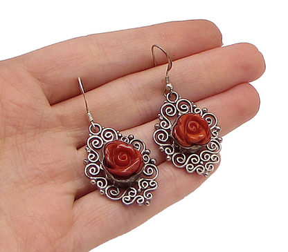 925 Sterling Silver  Vintage Sculpted Floral Filigree Dangle Earrings  EG1931