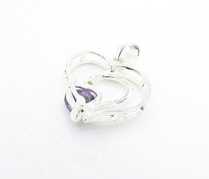 925 Sterling Silver  Amethyst Open Love Heart Polished Drop Pendant  PT4746