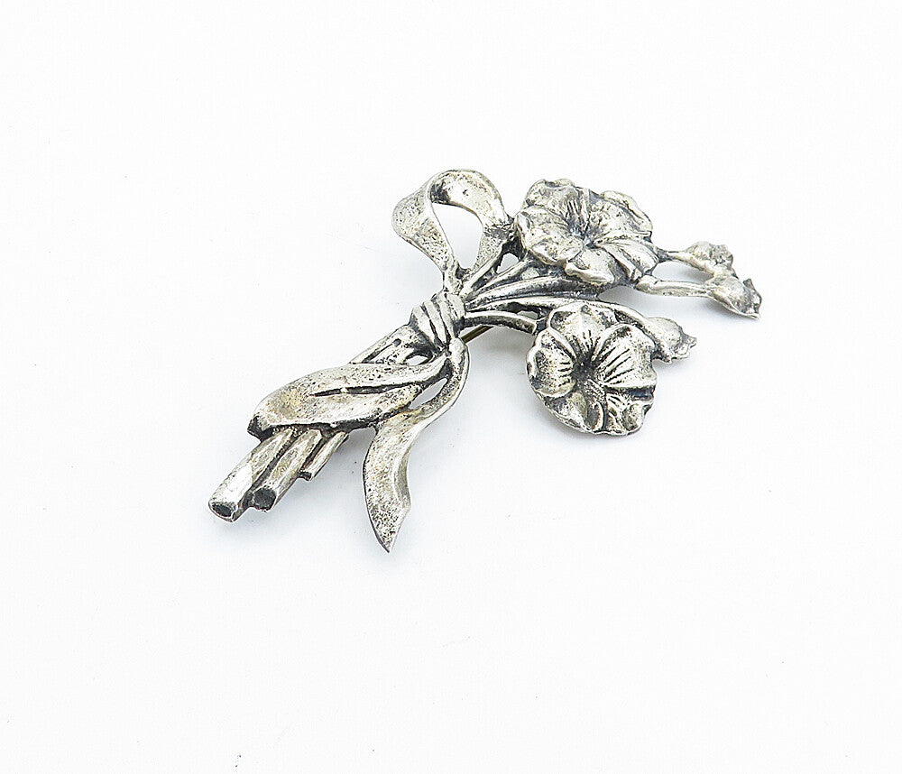 925 Sterling Silver Vintage Antique Ribbon Tied Flowers Brooch Pin BP2687