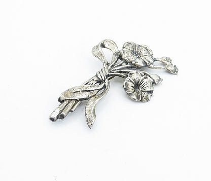 925 Sterling Silver Vintage Antique Ribbon Tied Flowers Brooch Pin BP2687