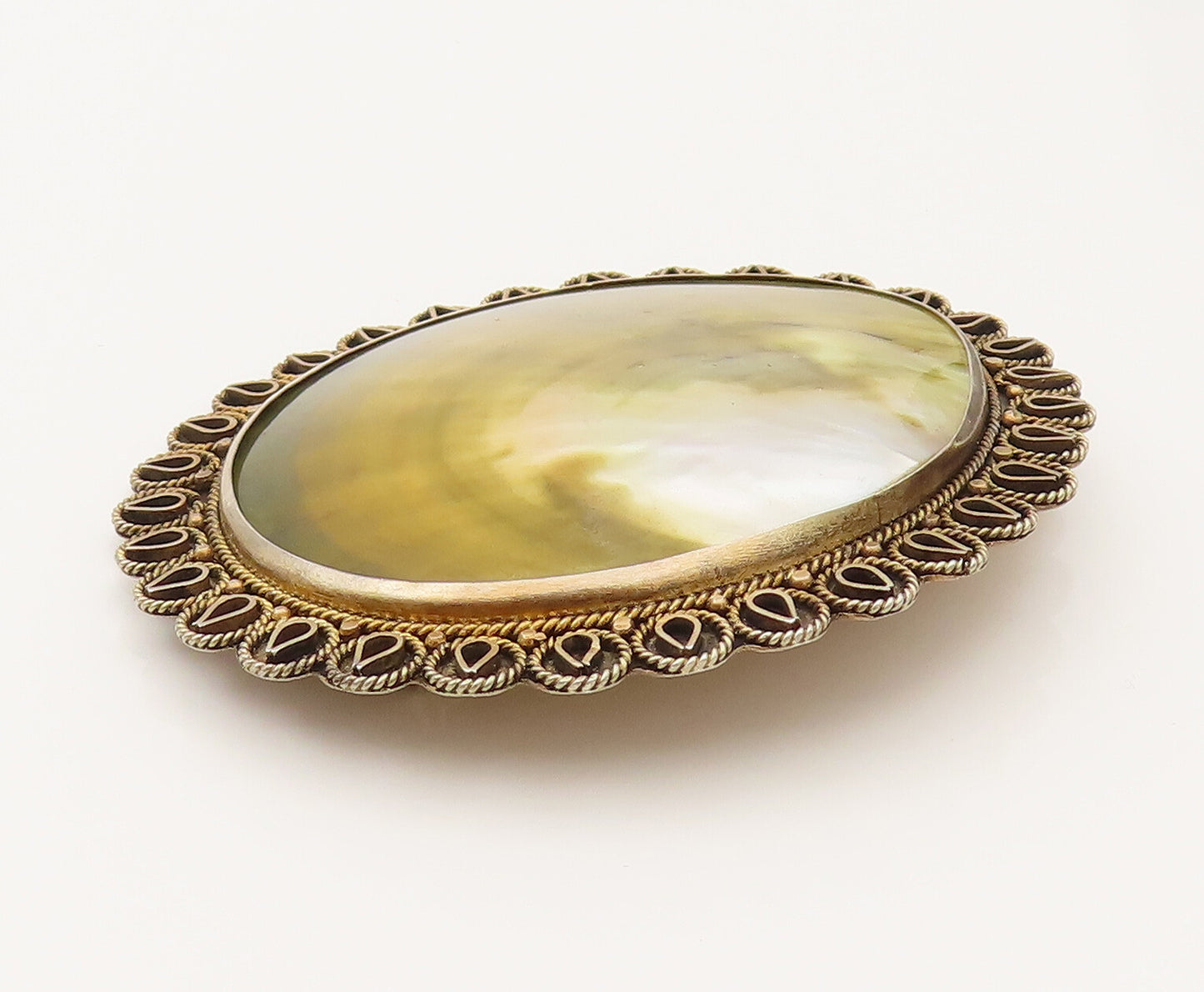 ISRAEL 925 Silver  Vintage Large Mother Of Pearl Shell Brooch Pin  BP10231