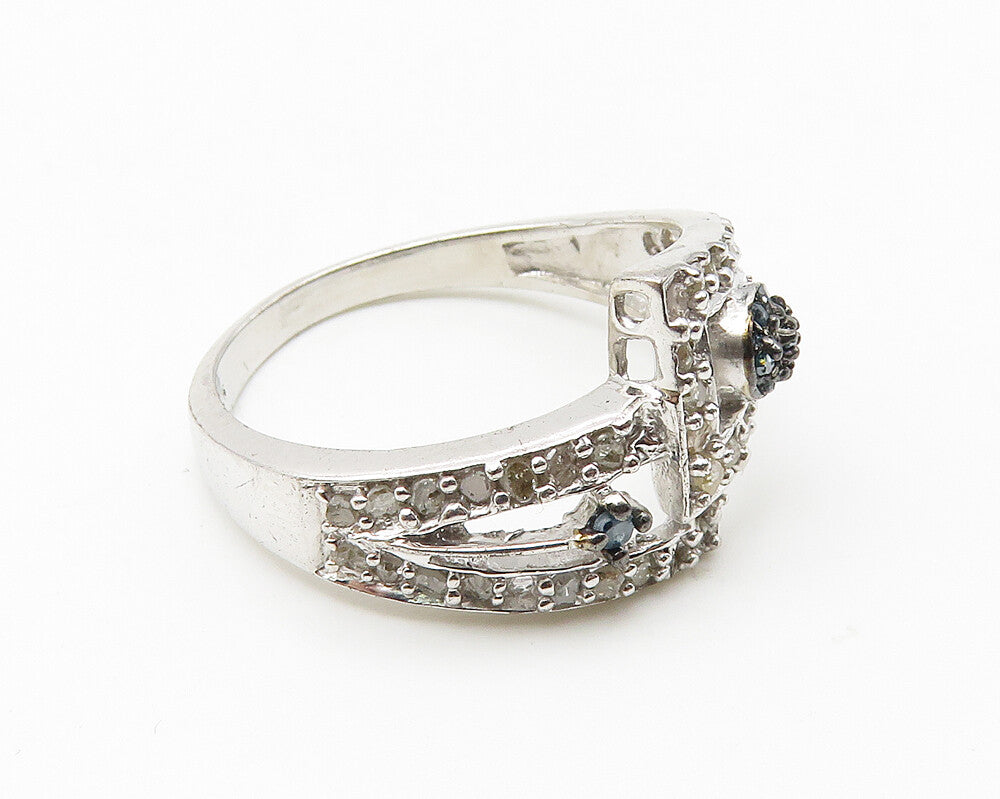 925 Silver  .25 Carat Genuine Blue & White Diamonds Band Ring Sz 7  RG10357