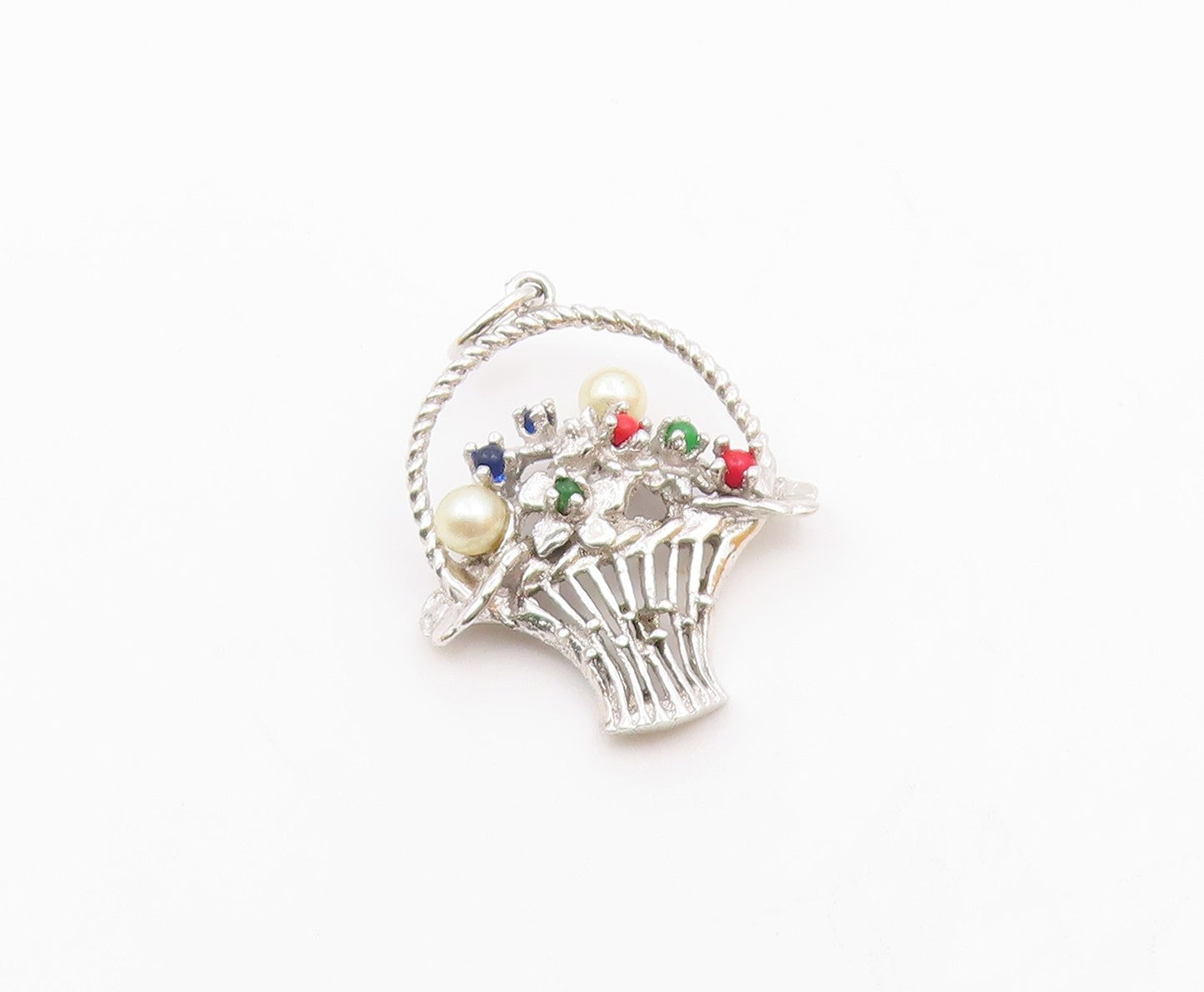 925 Silver Vintage Petite Pearls & Multi Stone Flower Basket Pendant PT18920