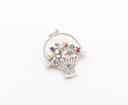 925 Silver Vintage Petite Pearls & Multi Stone Flower Basket Pendant PT18920