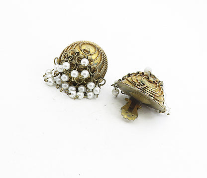925 Sterling Silver Vintage Modernist Pearls Non Pierce Drop Earrings EG4462