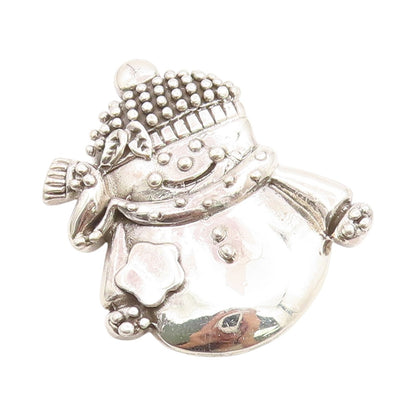 925 Sterling Silver Vintage Brooch Puffed Happy Snow Man Carved  BP11744