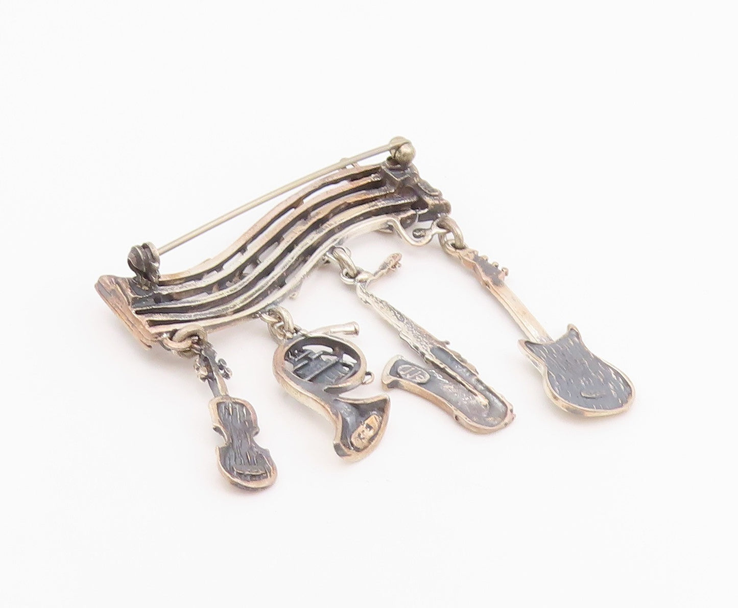 925 Sterling Silver Vintage Brooch Musical Notes & Dangling Instruments  BP11697