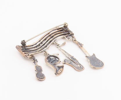925 Sterling Silver Vintage Brooch Musical Notes & Dangling Instruments  BP11697