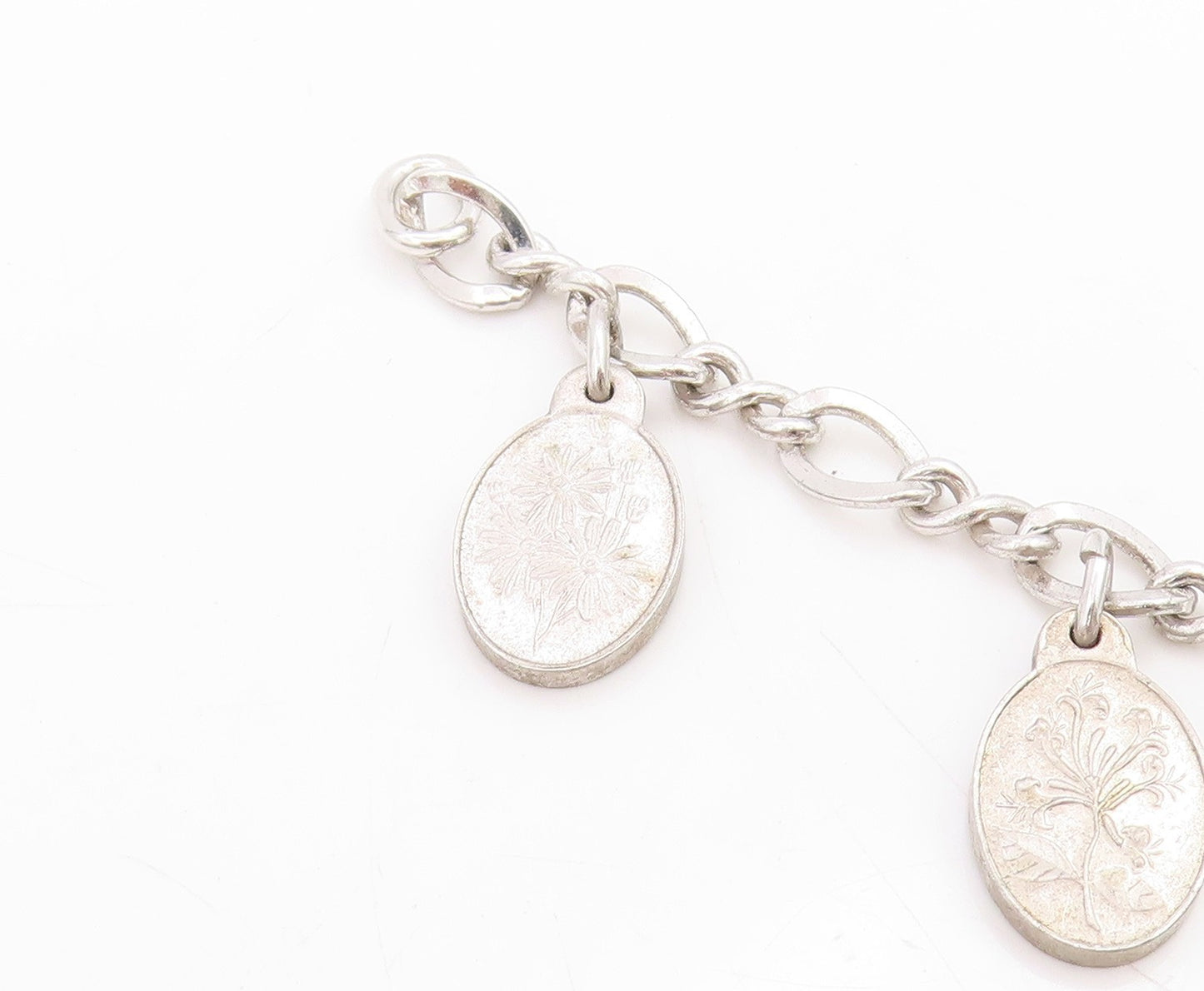 925 Sterling Silver Vintage Bracelet Seven Flowers of Love Oval Charm  BT11711