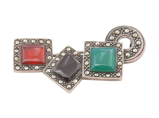 925 Sterling Silver Vintage Brooch Pin Multi Gemstone Halo Marcasite  BP12193