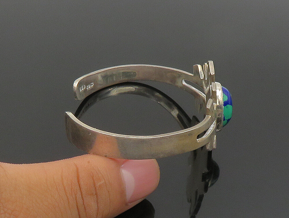 MEXICO 925 Silver  Vintage Cabochon Cut Azurite Abstract Cuff Bracelet  BT9369