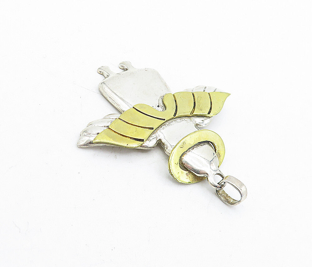 MEXICO 925 Sterling Silver  Vintage Shiny Two Tone Angel Motif Pendant  PT3466