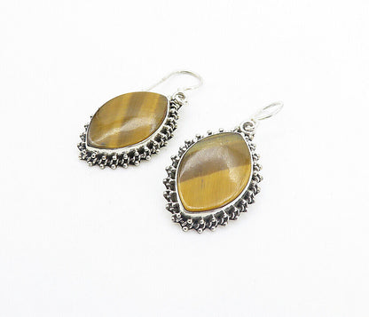 925 Sterling Silver  Vintage Tiger's Eye Pointed Oval Dangle Earrings  EG3525