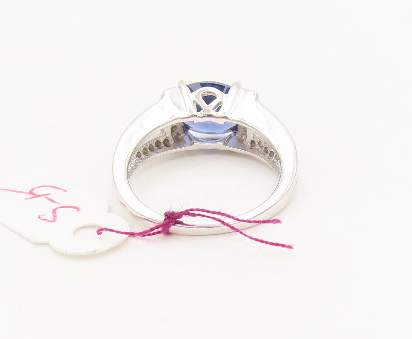 925 Silver  Vintage Minimalist Blue & White CZ Split Neck Ring Sz 5  RG27131