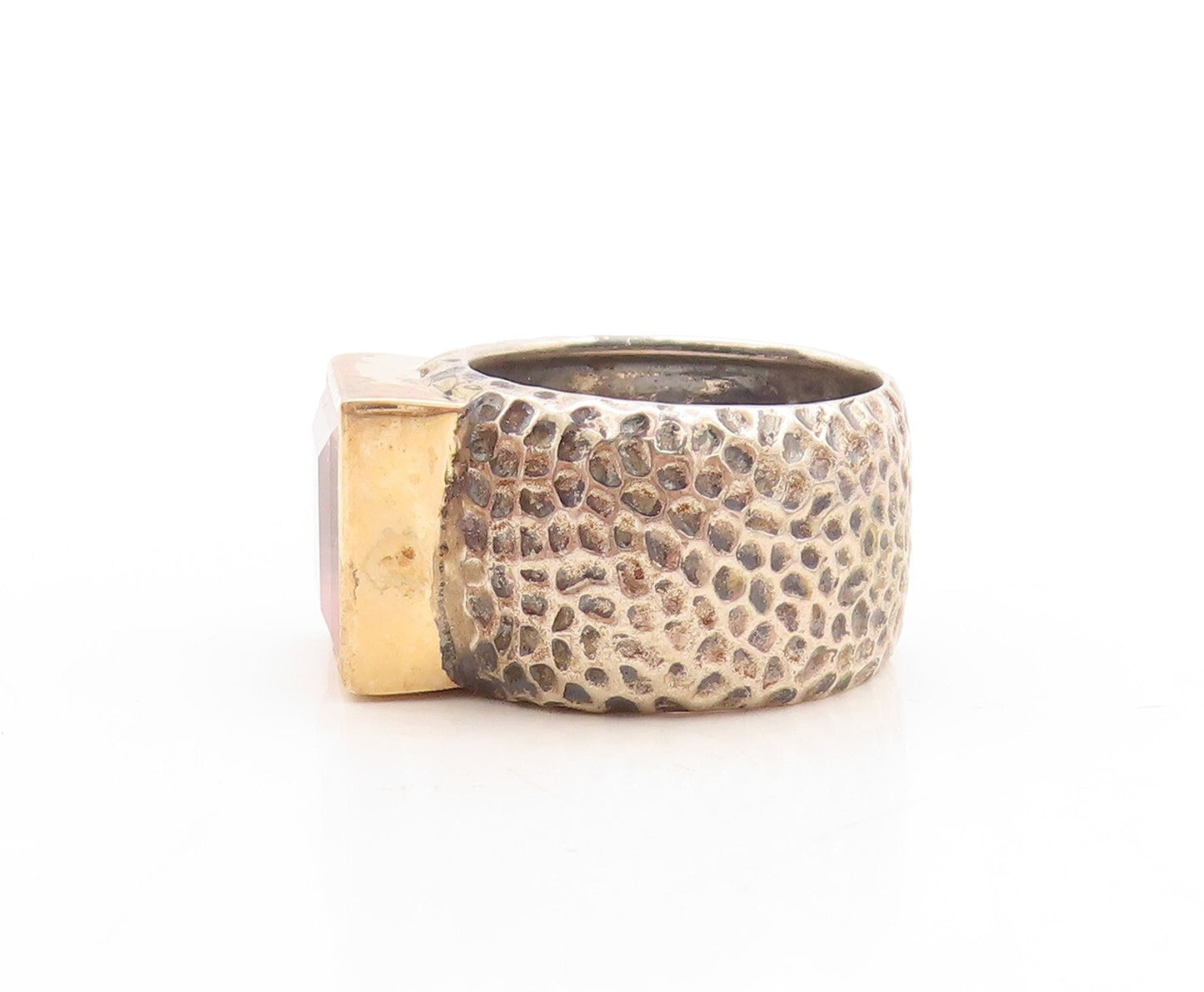 14k Gold 925 Sterling Silver Vintage Ring Pink CZ Hammered Effect  Sz 7  RG31510